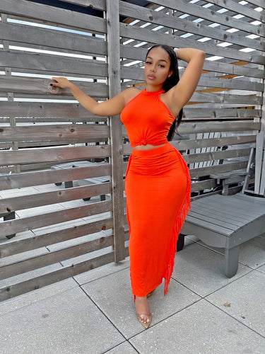 Fringe Baddie Skirt Set- Orange