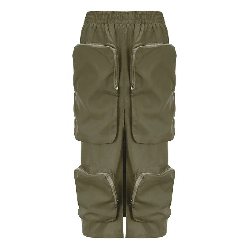 Cargo High Split Skirt- Army Green