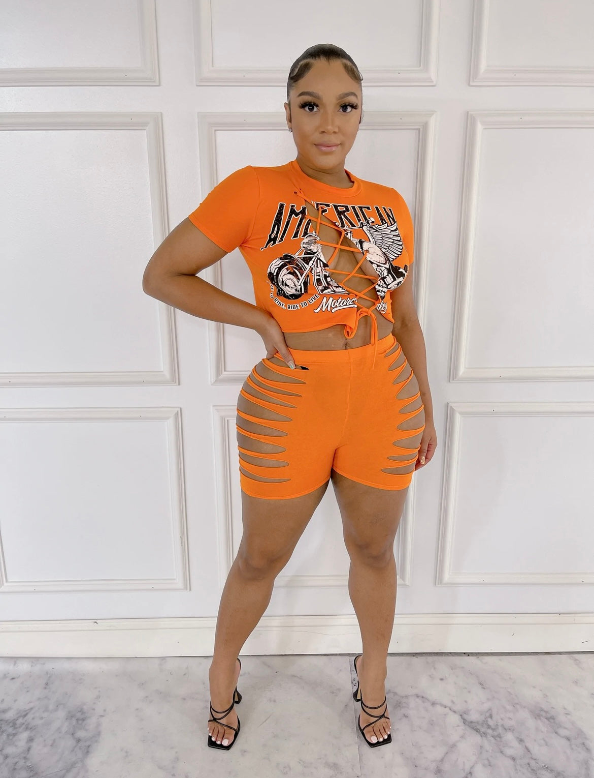 *Restocked* Cut Em’ Up Shorts Set- Orange
