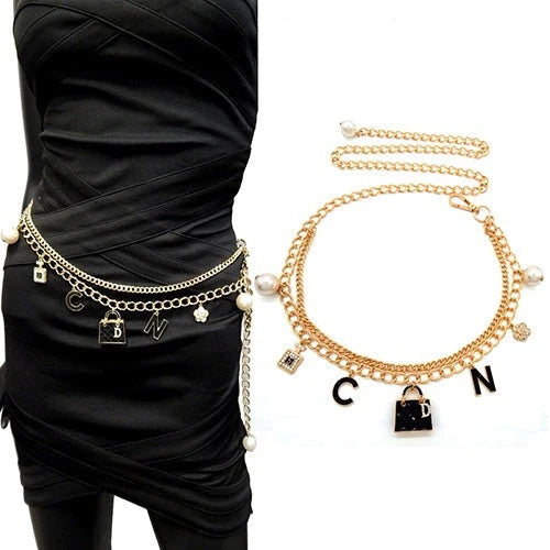 Fashion Rhinestone Charm Chain Belt- Gold