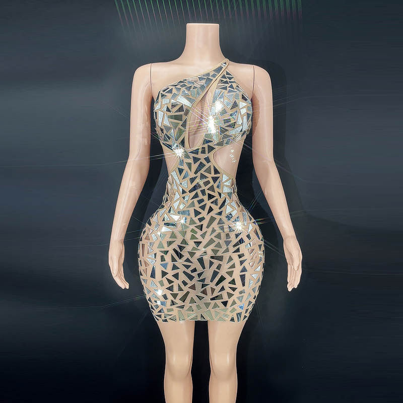 Mirror Effect Sequin Crystal Embellished Sleeveless High Split Sheer M –  Luxedress