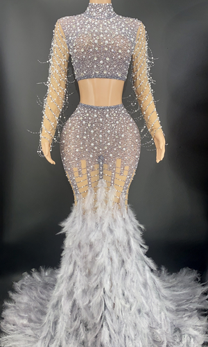 Luxury Beaded Feather Skirt Set- Gray