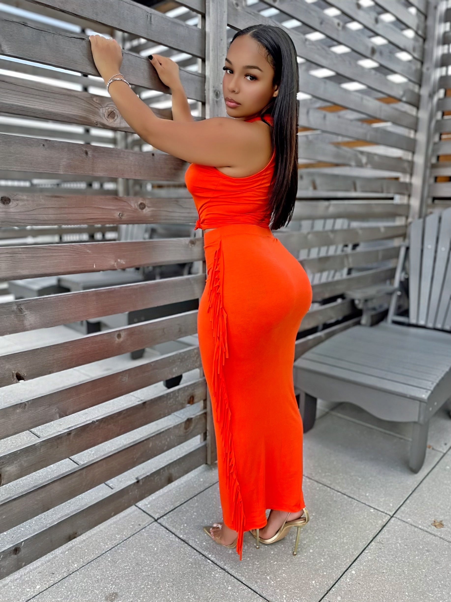Fringe Baddie Skirt Set- Orange